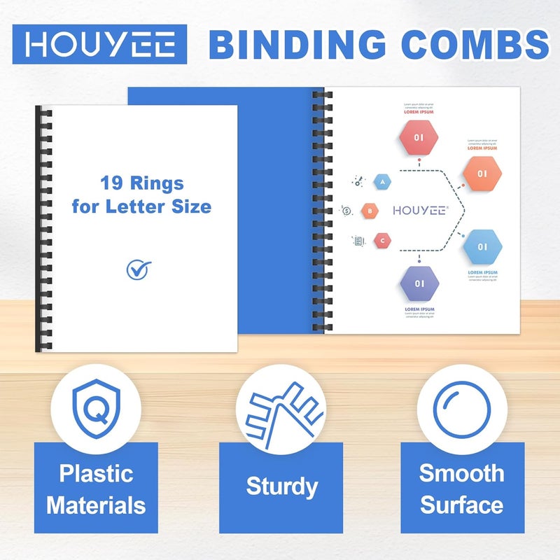 HOUYEE 40 Pack Multi-Size Ring Binding Combs: 5/8 Inch, 1 Inch, 1-1/2 Inch,2 Inch,Letter Size Black Plastic Spines - Image 3